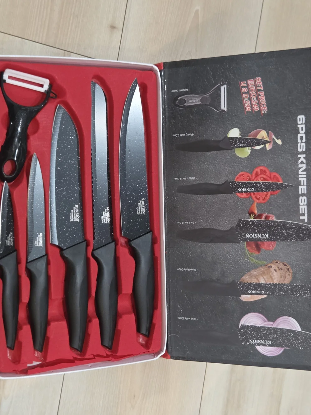 Kunsion 6-Piece Black Speckled Knife Set with Peeler